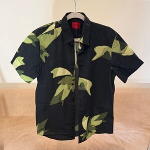 HUGO Men's Black and Green Leaf Pattern Shirt